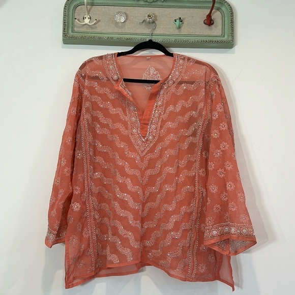 Vintage sheer embroidered hand stitched women’s bohemian blouse, coral top xl - Picture 1 of 9